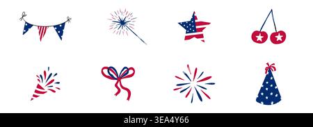 L'icona Elements del 4 luglio imposta i colori delle bandiere americane. Le icone delle festività natalizie per la decorazione. Arco, fuochi d'artificio, flag Clipart. Giorno dell'indipendenza americana . Illustrazione vettoriale Illustrazione Vettoriale
