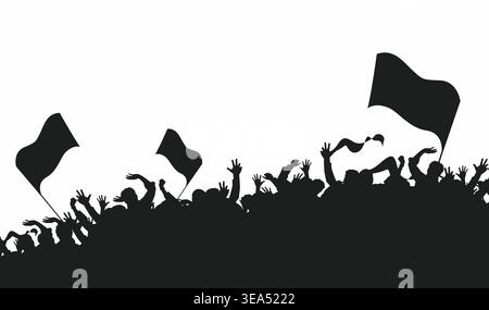 Silhouette vettoriale in bianco e nero di una folla allegra con bandiere ondulate isolate sul bianco. Background dinamico per gli appassionati di sport, concerti musicali, festival, raduni ed eventi pubblici. Illustrazione Vettoriale