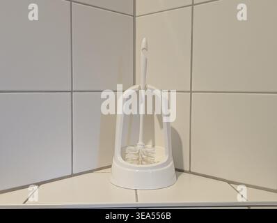 Un colpo pulito di un set di spazzolini per WC di base collocato su un ripiano in ceramica nel bagno. Strumento essenziale per la pulizia domestica e la manutenzione della pulizia Foto Stock