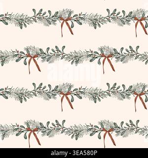 Motivo senza cuciture con rami di alberi di Natale ad acquerello e bacca rossa di ilex o holly. Illustrazione su sfondo beige isolato. Banner senza interruzioni Foto Stock