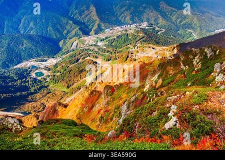 Vista panoramica delle montagne del Caucaso dal punto di vista di Rose Peak. Rosa Peak e Roza Khutor sono stazioni sciistiche nelle vicinanze di Krasnaya Polyana in SOCH Foto Stock