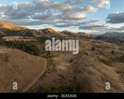 Vista aerea di colline ondulate, praterie asciutte e una strada sterrata tortuosa sotto un cielo nuvoloso a Winthrop, Washington, Stati Uniti. Foto Stock