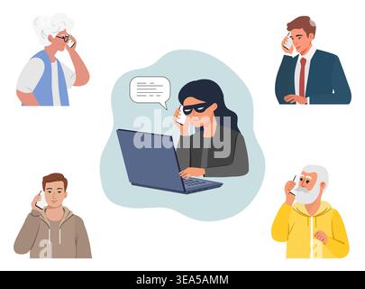 Persone che parlano al telefono con una persona che utilizza un computer portatile al centro, concetto di comunicazione e vettore di interazione Illustrazione Vettoriale