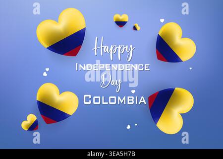 Design a tema cuore 3D di alta qualità per il Colombia Independence Day con colori nazionali audaci ed elementi festivi Illustrazione Vettoriale