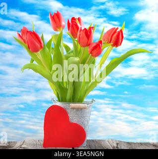 Bouquet di tulipani rossi in un secchio di metallo contro il cielo blu con un cuore rosso, natura morta, ritaglio Foto Stock