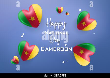 Design a tema cuore 3D di alta qualità per il giorno dell'indipendenza del Camerun con colori nazionali audaci ed elementi festivi Illustrazione Vettoriale