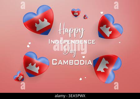 Design a tema cuore 3D di alta qualità per il Cambodia Independence Day con colori nazionali audaci ed elementi festivi Illustrazione Vettoriale