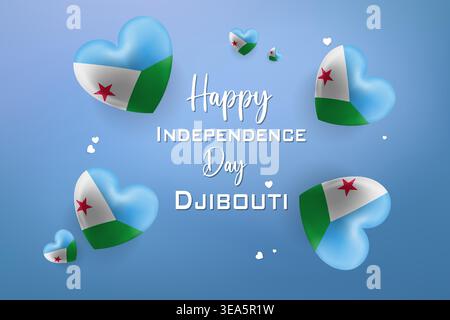 Design a tema cuore 3D di alta qualità per il giorno dell'indipendenza di Gibuti, caratterizzato da colori nazionali ed elementi festivi audaci Illustrazione Vettoriale
