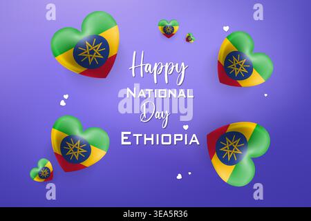 Design a tema cuore 3D di alta qualità per l'Etiopia Independence Day con colori nazionali audaci ed elementi festivi Illustrazione Vettoriale