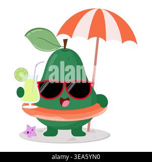 Carino e felice personaggio di Avocado Fruit Cartoon che si gode la spiaggia mentre beve succo fresco Illustrazione Vettoriale