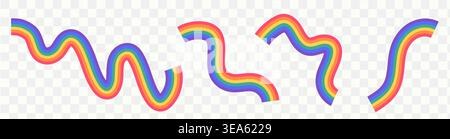 Set di nastri arcobaleno ondulati ed elementi di design del mese dell'orgoglio isolati su sfondo trasparente per la celebrazione lgbtq, la diversità e l'evento inclusivo Illustrazione Vettoriale