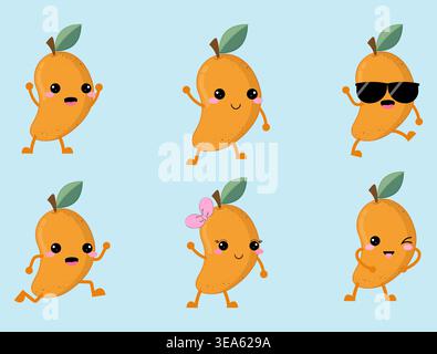 Fresca e carina raccolta di frutta di mango di cartoni animati Illustrazione Vettoriale