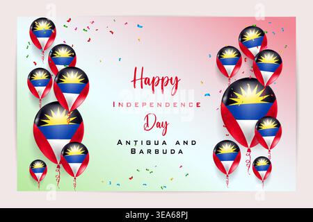 Carta con bandiera a palloncino 3D di alta qualità per Antigua e Barbuda Independence Day, caratterizzata da colori nazionali ed elementi festivi Illustrazione Vettoriale