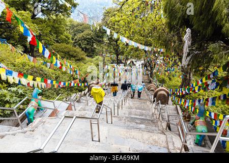 Scale che portano al Tempio delle Scimmie (Swayambhu Mahachaitya), Kathmandu, Nepal Foto Stock