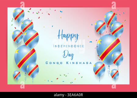Carta bandiera palloncino 3D di alta qualità per il Congo Kinshasa Independence Day con colori nazionali audaci ed elementi festivi Illustrazione Vettoriale