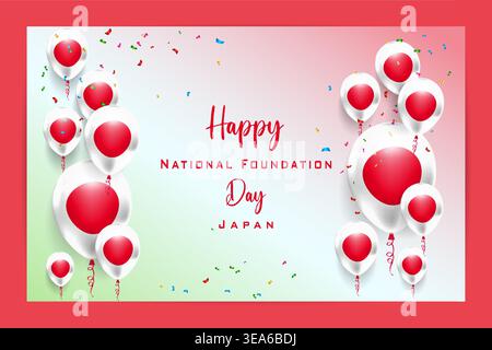 Carta di bandiera a palloncino 3D di alta qualità per il Japan National Foundation Day con colori nazionali audaci ed elementi festivi Illustrazione Vettoriale