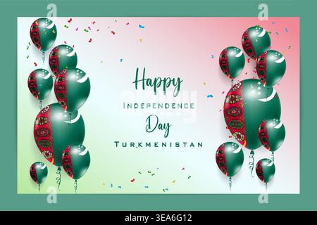 Carta bandiera in palloncino 3D di alta qualità per il giorno dell'indipendenza del Turkmenistan con colori nazionali audaci ed elementi festivi Illustrazione Vettoriale