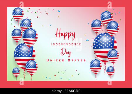 Carta bandiera palloncino 3D di alta qualità per l'Independence Day degli Stati Uniti con colori nazionali audaci ed elementi festivi Illustrazione Vettoriale