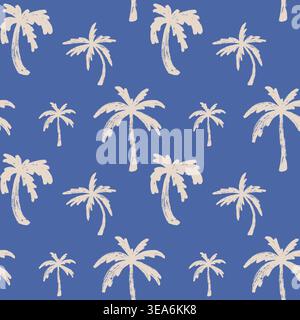 Silhouette di palme Grunge bianche su sfondo blu. Motivo tropicale senza cuciture, design vettoriale in tessuto estivo con palme. Disegnato a mano Illustrazione Vettoriale