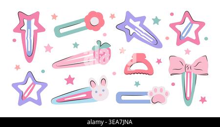 Set di clip per capelli con decorazioni graziose, tra cui stelle, fragole, coniglietto e fiocco. Accessori colorati per capelli da ragazza in stile piatto vettoriale. Elementi alla moda per il design dei capelli. Illustrazione Vettoriale