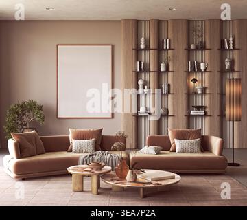 Moderno soggiorno con struttura vuota e divano in terracotta Foto Stock