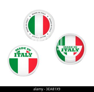 Etichetta adesiva rotonda Made in Italy, set vettoriale. Etichetta della merce con bandiera italiana Illustrazione Vettoriale