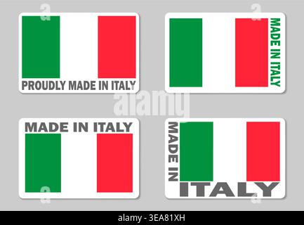 Etichetta adesiva Made in Italy, set vettoriale. Etichetta della merce con bandiera italiana Illustrazione Vettoriale