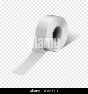Rotolo di adesivi rettangolari trasparenti su sfondo trasparente. Etichette adesive vuote sulla bobina mockup realistico Illustrazione Vettoriale