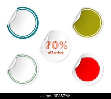 Adesivi rotondi in carta bianca con arricciatura angolare isolata su sfondo bianco, set di mock-up vettoriale. Kit etichette adesive, mockup Illustrazione Vettoriale