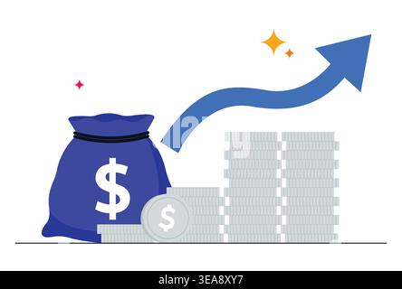 Concetto di crescita finanziaria aziendale che mostra una grande borsa blu con il simbolo del dollaro accanto a pile di monete d'argento e freccia in aumento. Illustrazione Vettoriale