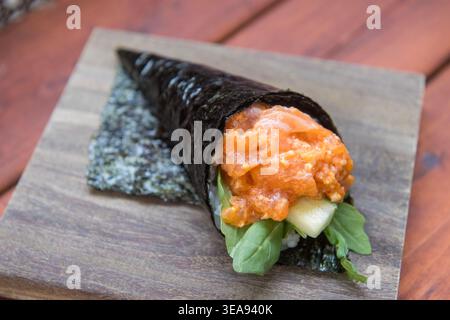 Salmone piccante al She's Not Here, Austin, Texas, 3 ottobre 2019. (Foto di John Anderson/The Austin Chronicle) Foto Stock