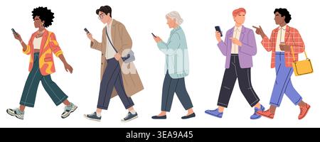 Set di persone diverse che camminano con gli smartphone Illustrazione Vettoriale