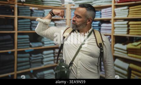 Uomo che si flette con il braccio mentre indossa uno zaino e una mensa in un negozio di abbigliamento edile; viaggia in tutta sicurezza. Foto Stock