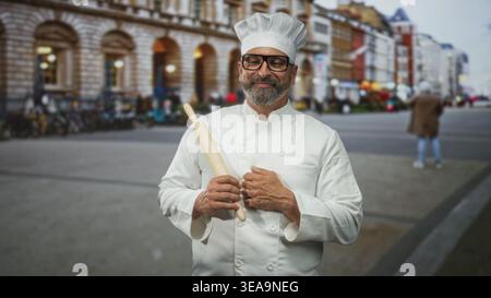 Il cuoco con l'uniforme bianca tiene il mattarello in mano sulla strada di fronte all'edificio; vantiamo la tradizione artigianale. Foto Stock
