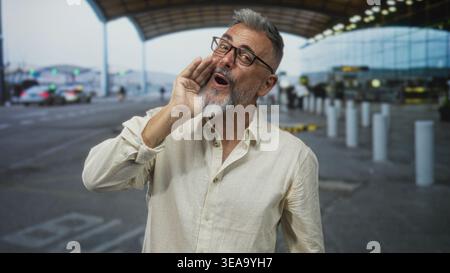 Uomo che stringe le mani alla bocca urlando e sventolando sul marciapiede del terminal dell'aeroporto, barbuto con occhiali in camicia di lino; saluto allegro. Foto Stock