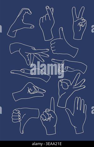 Grafica linea gesti mano impostata su sfondo blu Illustrazione Vettoriale
