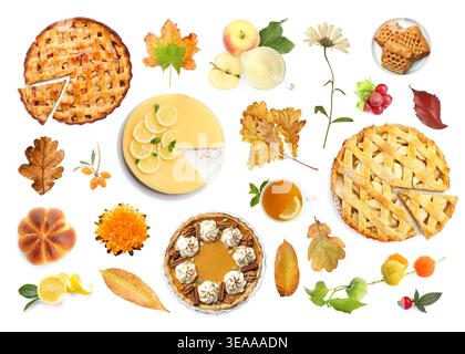 Collage autunnale con dolci e foglie di stagione su sfondo bianco Foto Stock