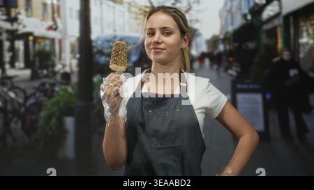 Donna che tiene un gelato rivestito di noci su un bastoncino in strada di fronte ai negozi, indossa un guanto di plastica e un grembiule in denim sorridendo alla fotocamera; sicurezza. Foto Stock