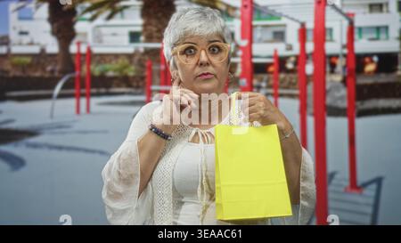Donna con capelli e occhiali grigi che tiene in mano una borsa gialla per la spesa, gestando e ispezionando i contenuti con le mani sulla strada vicino ai bar rossi del parco giochi; curiosi Foto Stock