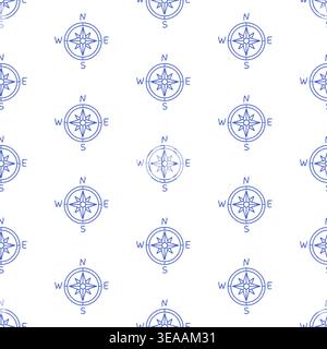 Motivo senza cuciture con bussole in stile linea blu su sfondo bianco. Contorno stampa nautica. Illustrazione Vettoriale