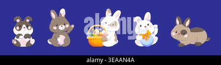 Set di coniglietti. Conigli bianchi e grigi con uova di Pasqua. Giocattoli o mascotte per la stagione primaverile. Adesivi per i social network. Raccolta vettoriale piatta Illustrazione Vettoriale