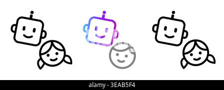 Simpatiche icone robot chatbot per l'educazione dei bambini e l'interazione sicura con intelligenza artificiale personaggi bot amichevoli con volti di bambini e ragazze Illustrazione Vettoriale
