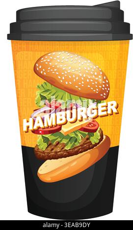 Illustrazione vettoriale di un hamburger decostruito con ingredienti freschi su una tazza di caffè usa e getta Illustrazione Vettoriale