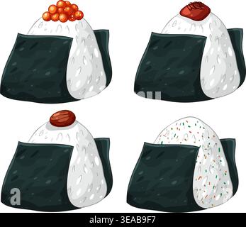 Quattro palline di riso onigiri trafilate a mano con vari condimenti, avvolgimento di alghe, stile vettoriale pulito Illustrazione Vettoriale