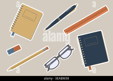 Set di adesivi Digital Planner adesivi Vector Academic Stationery per Goodnotes icone minimaliste scolastiche con bordo bianco per la pubblicazione e la pianificazione Illustrazione Vettoriale