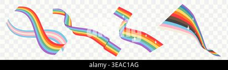 I nastri arcobaleno Progress Pride sono pieni di scintille. Streamer a bandiera ondulata isolati, elementi vettoriali liquidi 2D flessibili per 2026 LGBTQ Illustrazione Vettoriale