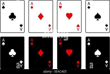 Due file di quattro assi tutti si adattano a picche cuori diamanti club. Fila superiore carte bianche classiche fila inferiore carte nere. Vettore minimalista per poker o casin Illustrazione Vettoriale