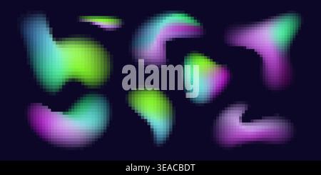 Forme di blob sfumato tratteggiato bitmap astratto con pattern pixel iridescenti su sfondo scuro. Forme fluide organiche con texture raster stippled per progetti di grafica e grafica digitali moderni. Illustrazione Vettoriale