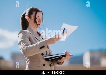 Donna d'affari che esamina i documenti all'aperto in un blazer beige tenendo in mano una cartella e una penna Foto Stock