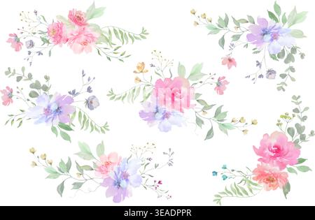 Set di acquerelli floreali con fiori rosa, foglie di eucalipto, fiori selvatici. Bouquet per invito, biglietto d'auguri. Illustrazione disegnata a mano. Vettore Illustrazione Vettoriale